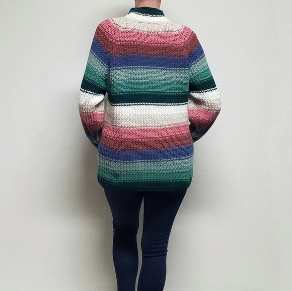 VINTAGE 80s Pastel Stripe Chunky Knit Mock Neck Cropped Sweater Paris Sport Club - Picture 3 of 14